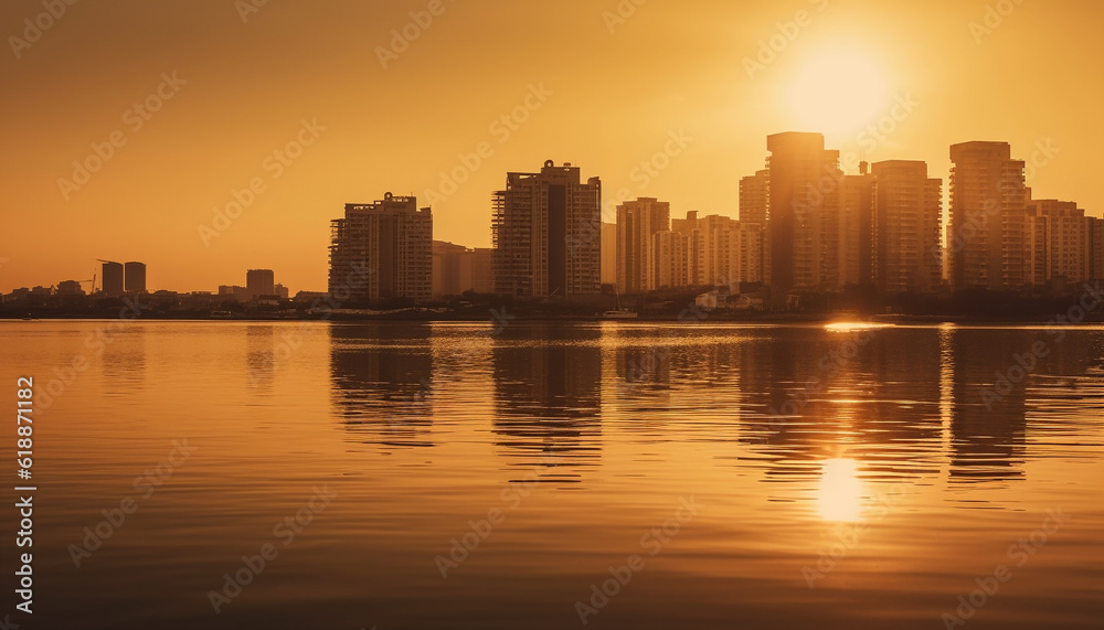 Silhouette skyline reflects in tranquil waterfront dusk generated by AI