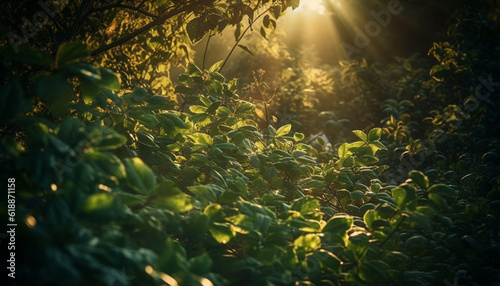 Green leaves on branch  sunlight shines through generated by AI