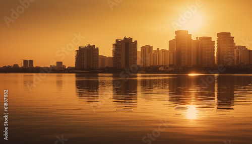 Silhouette skyline reflects in tranquil waterfront dusk generated by AI © Jeronimo Ramos