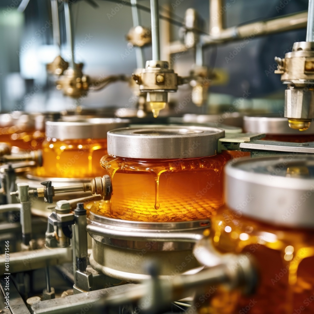 Automated canning of honey in jar in factory close up. Generative Ai.