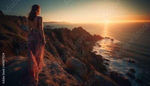 Young woman walking on cliff at sunset generated by AI