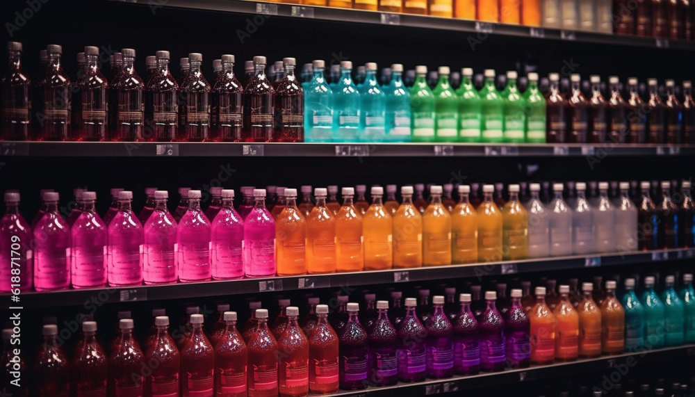 Multi colored medicine bottles in a row on shelf generated by AI