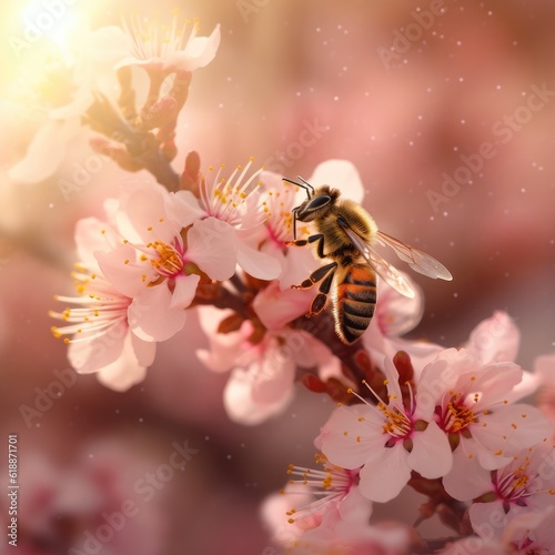  Bee and blooming colorful flower on the flowering plants, blurry background. Generative Ai.