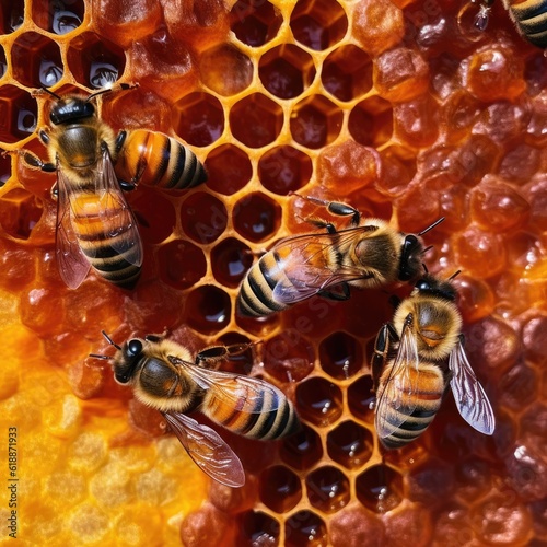 Bees in a frame of honey wax close up. Generative Ai.