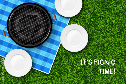 Picnic time. Summer BBQ on park lawn. Barbecue spring poster. 3D top view of grill and empty plates. Outdoor meal party. Charcoal mangal. Checkered blanket. Vector realistic background