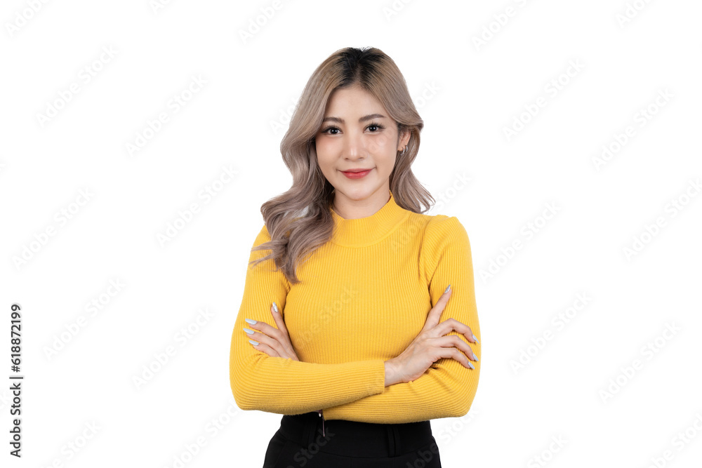 Asian happy portrait beautiful cute young woman standing her smile confidence with crossed arms isolated. Asian happy portrait beautiful cute young woman standing her smile confidence with crossed arms isolated.