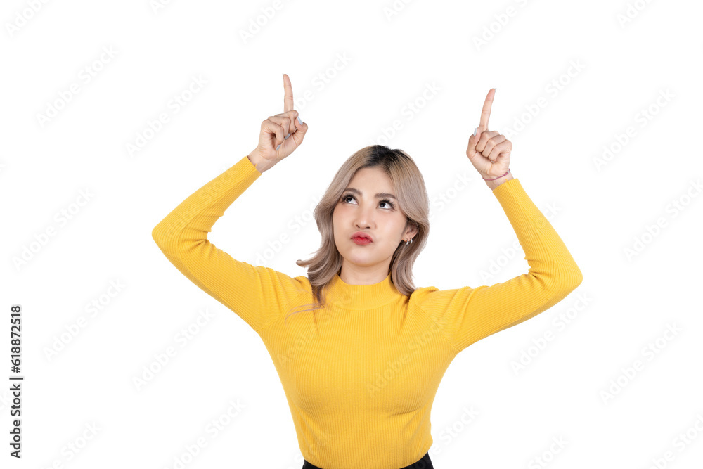 Smiling happy asian woman with her finger pointing isolated on white background. Smiling happy asian woman with her finger pointing isolated on white background.