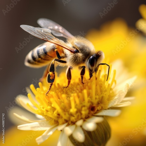 Macro of honey and bees flying and gathering pollen from summer flower. Generative Ai.