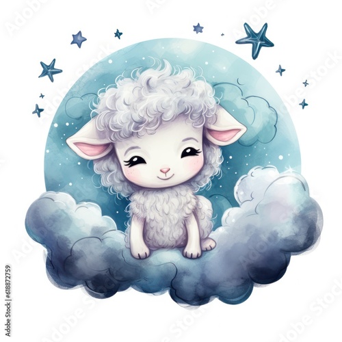 Cute watercolor baby good night sheep on moon Illustration AI Generative