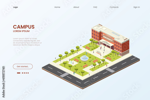 Isometric university campus. Landing page. Students education. School yard. College studying. Building and asphalt road. Online course infographic. Vector illustration website template