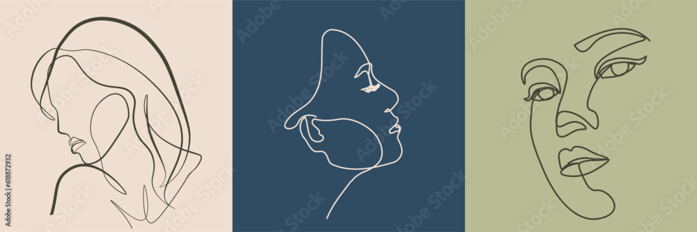 Surreal Faces Continuous line, drawing of set faces and hairstyles, fashion concept, woman's beauty, minimalist, vector illustration, pretty sexy. Love yourself and take care of yourself.