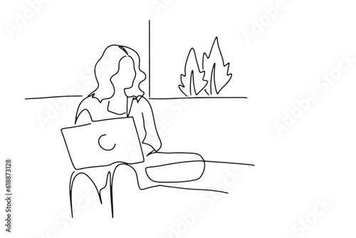 one line continuous line

Young women, female students using notebooks at work, sitting, working, business and studying.

illustration vector hand drawn