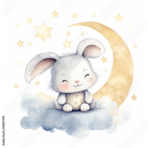 Cute watercolor baby good night bunny on moon Illustration AI Generative.