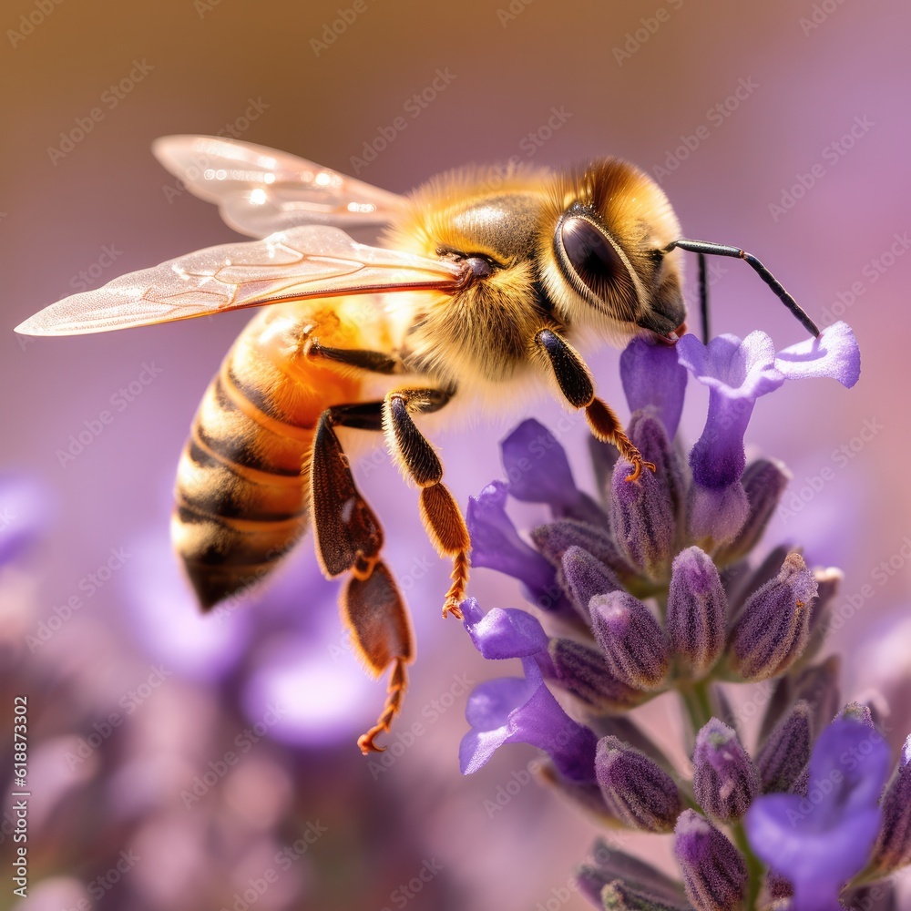 Bee on a flowering lavender is collecting pollen to make honey. Generative Ai. Bee on a flowering lavender is collecting pollen to make honey. Generative Ai.