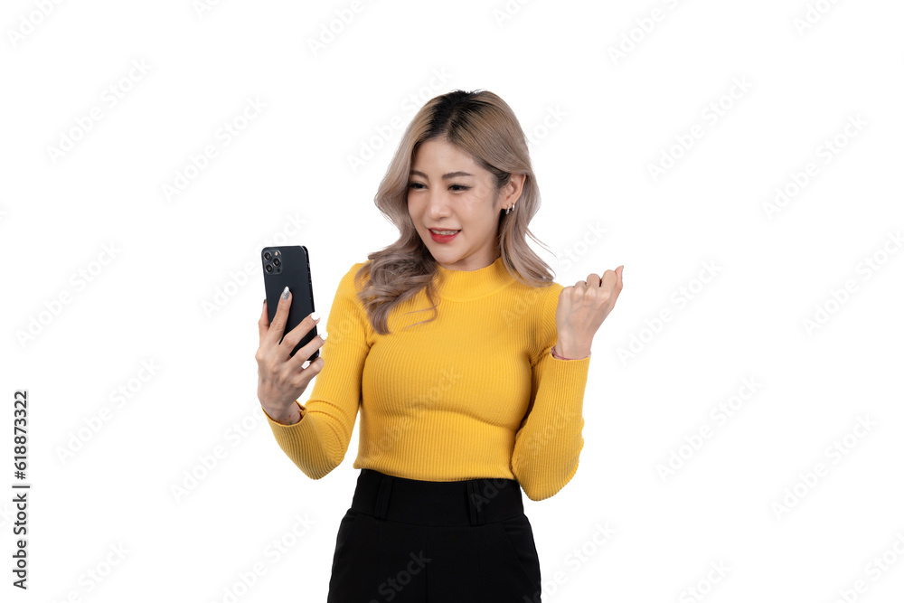 Portrait of a happy asian businesswoman using mobile phone isolated over white background. Portrait of a happy asian businesswoman using mobile phone isolated over white background.