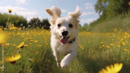 Happy Dog Running in a Meadow-Close Up Shot of a Cut.Generative AI