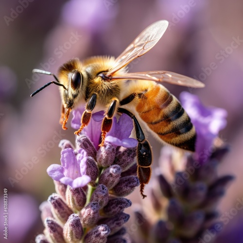  Bee on a flowering lavender is collecting pollen to make honey. Generative Ai. © annamaria