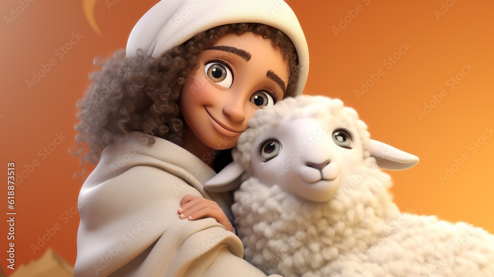 Cute girl with a sheep. eid al adha background. Illustration AI Generative. Cute girl with a sheep. eid al adha background. Illustration AI Generative.