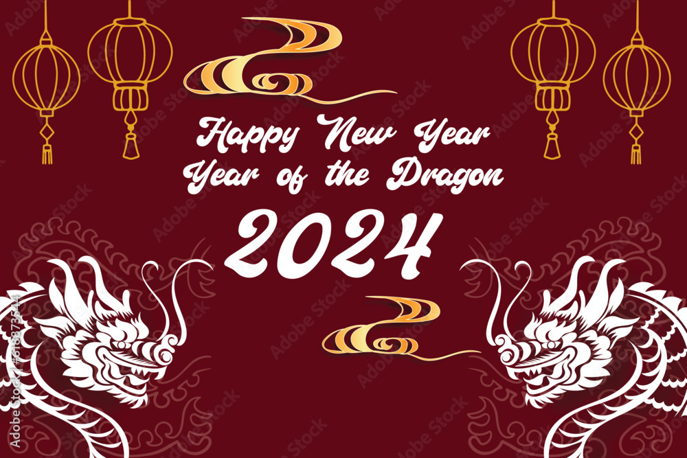 Fototapeta premium Chinese New Year 2024, the year of the Dragon, red and gold line art characters, simple hand-drawn Asian elements with craft (Chinese translation: Happy Chinese New Year 2024, year of the Dragon)