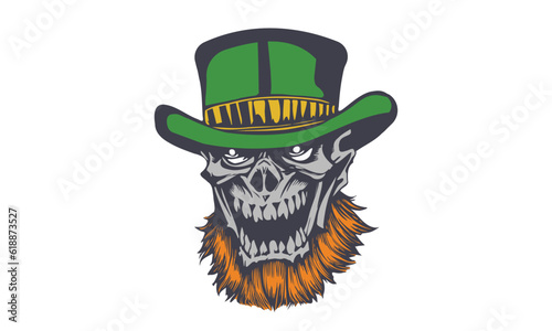 Vector head of a dead leprechaun in a green hat and with a red beard. Scary graphic smiling skull. St.Patrick 's Day. Sticker or icon. White isolated background.