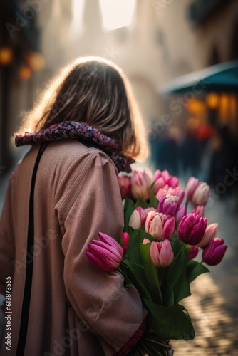 A woman is holding a bouquet of flowers. View from the back. Generative Ai.