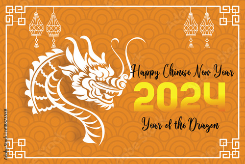 Chinese New Year 2024  the year of the Dragon  red and gold line art characters  simple hand-drawn Asian elements with craft  Chinese translation  Happy Chinese New Year 2024  year of the Dragon 