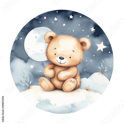 Cute watercolor baby good night bear on moon