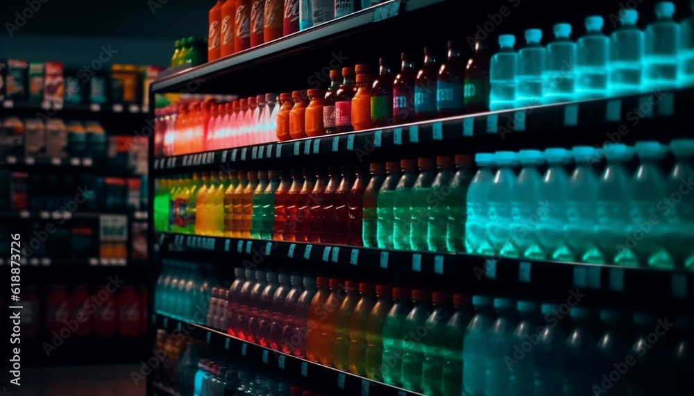 Multi colored wine bottles in a row on shelf generated by AI