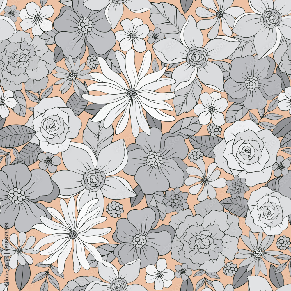 floral pattern with wild flowers, monochrome