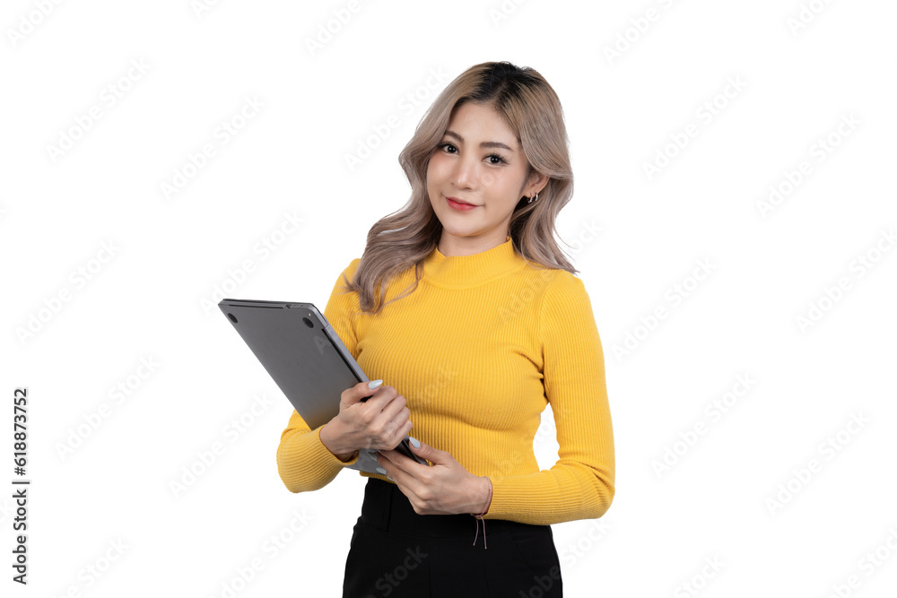 Portrait of a happy asian businesswoman working on laptop computer isolated over white background. Portrait of a happy asian businesswoman working on laptop computer isolated over white background.
