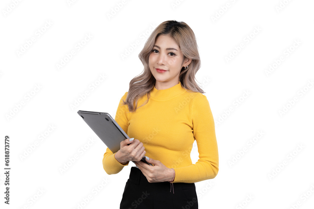 Portrait of a happy asian businesswoman working on laptop computer isolated over white background. Portrait of a happy asian businesswoman working on laptop computer isolated over white background.