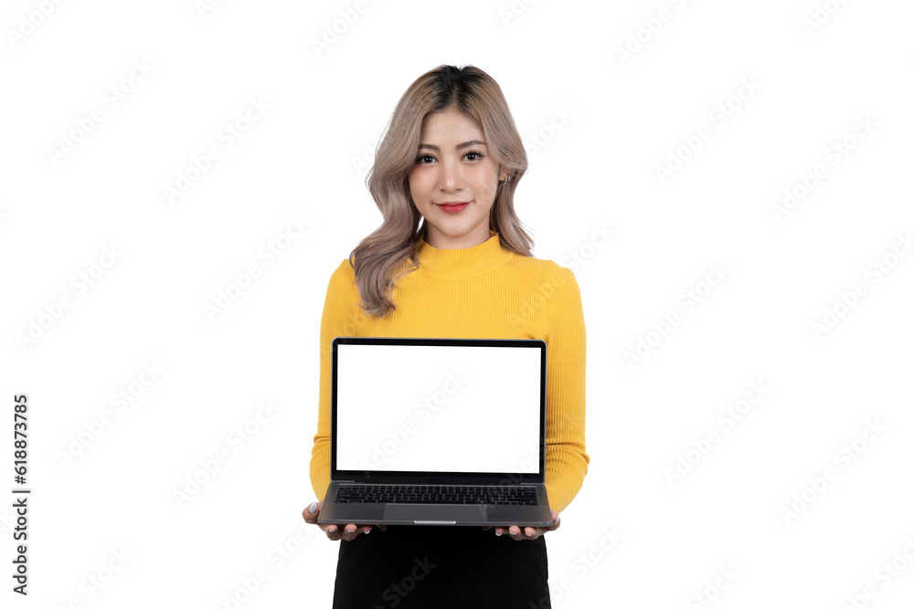 Portrait of a happy asian businesswoman working on laptop computer isolated over white background. Portrait of a happy asian businesswoman working on laptop computer isolated over white background.