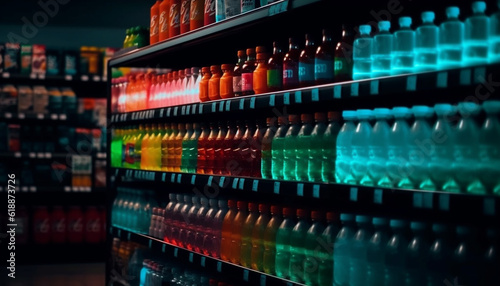 Multi colored wine bottles in a row on shelf generated by AI