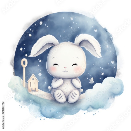 Cute watercolor baby good night bunny on moon Illustration AI Generative.