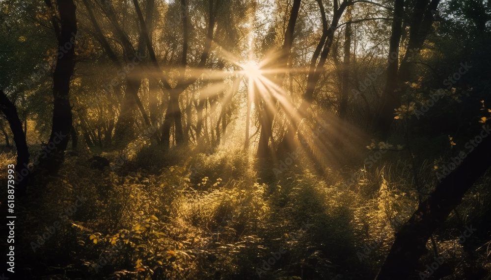Fototapeta premium Shiny tree illuminated by vibrant autumn sunlight generated by AI