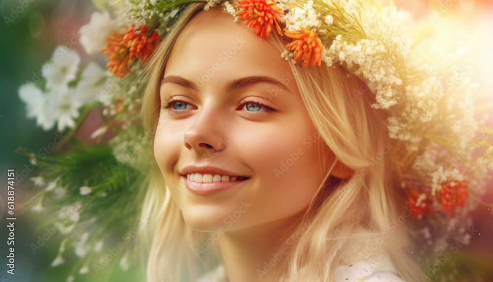 Beautiful girl with wildflowers in the midsummer sun celebrating solstice. Generative AI illustrations Beautiful girl with wildflowers in the midsummer sun celebrating solstice. Generative AI illustrations