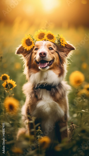 Cute and funny dog wearing a flower wreath on the head at solstice. Generative AI illustrations