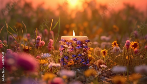 Candle burns in a midsummer sunset ritual. Generative AI illustrations photo