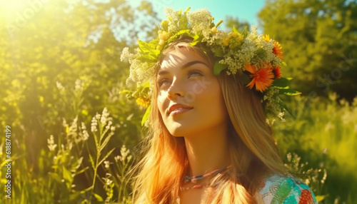 Beautiful girl with wildflowers in the midsummer sun celebrating solstice. Generative AI illustrations