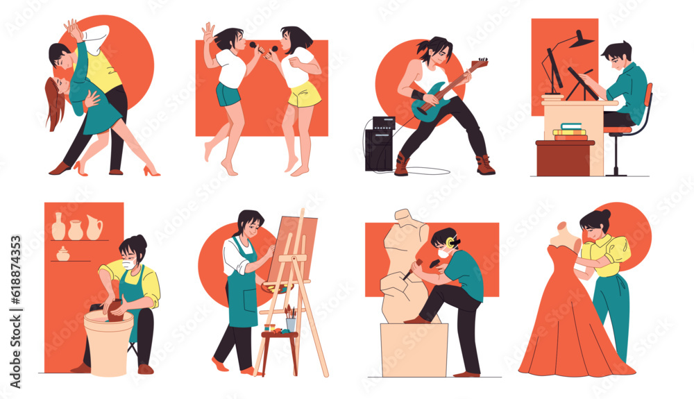 People art hobby. Artist persons. Painting or dancing. Musician and painter. Culture artwork. Tailor and singer. Garment design. Pottery and sculpture. Creative woman works vector set People art hobby. Artist persons. Painting or dancing. Musician and painter. Culture artwork. Tailor and singer. Garment design. Pottery and sculpture. Creative woman works vector set