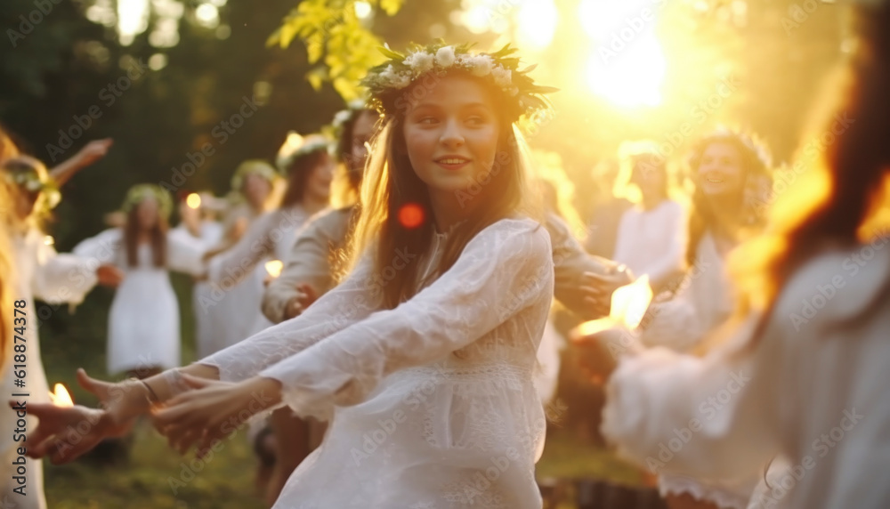 Spiritual solstice ritual celebrated at dawn in the midsummer. Generative AI illustrations Spiritual solstice ritual celebrated at dawn in the midsummer. Generative AI illustrations