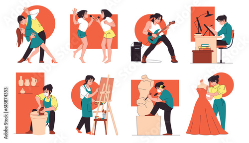 People art hobby. Artist persons. Painting or dancing. Musician and painter. Culture artwork. Tailor and singer. Garment design. Pottery and sculpture. Creative woman works vector set
