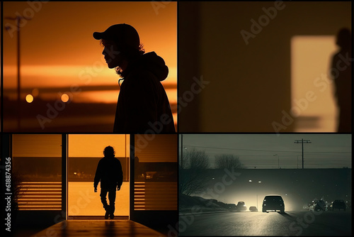silhouette of a person at sunset, collage of several cinematographic scenes, in which a person is seen at sunset and a car at full speed on the road, image created with ai

