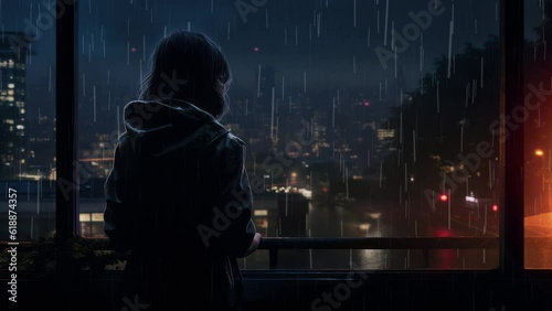 Lo-fi girl alone on her balcony at night looking at the storm and the rain outside. Video for lofi hip hop music. Atmospheric chill illustration and relaxed. Perfectly looped video. Sad rainy night.