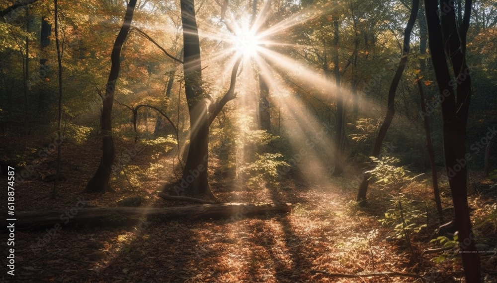 Bright autumn sunlight illuminates tranquil forest footpath generated by AI