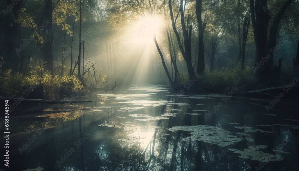 Fototapeta premium Mysterious autumn forest, tranquil reflection in pond generated by AI