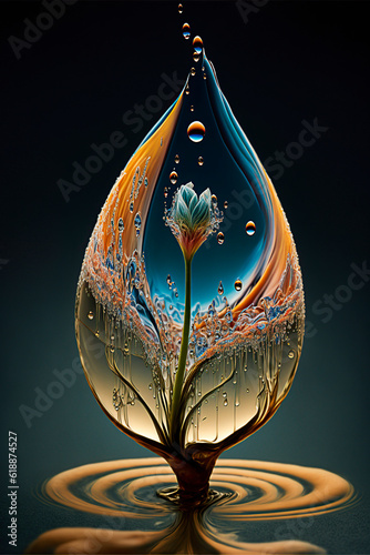 The world in a drop. Illustration of a drop in whose interior is reflected a flower with drops. Image created with ai