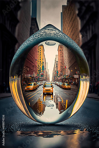 The world in a drop. Illustration of a drop in whose interior is reflected a new york street. Image created with ai