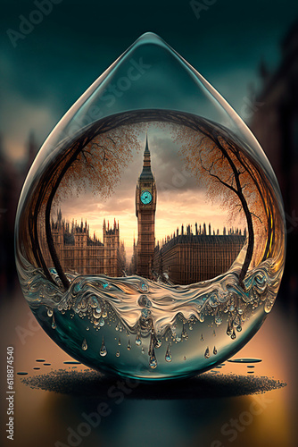 The world in a drop. Illustration of a drop in whose interior is reflected the big ben tower of London. Image created with ai