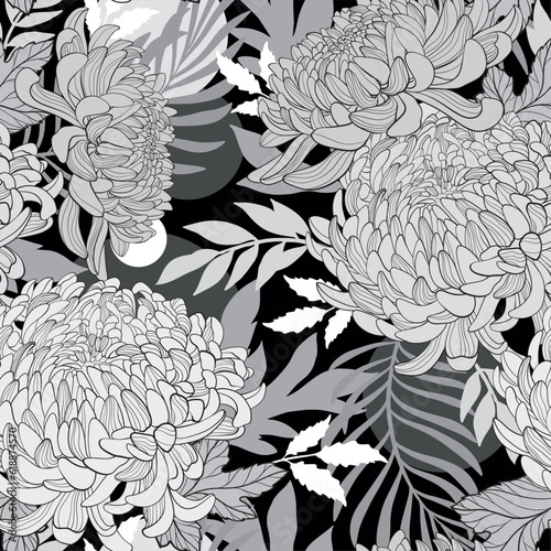 pattern with chrysanthemum, black and white